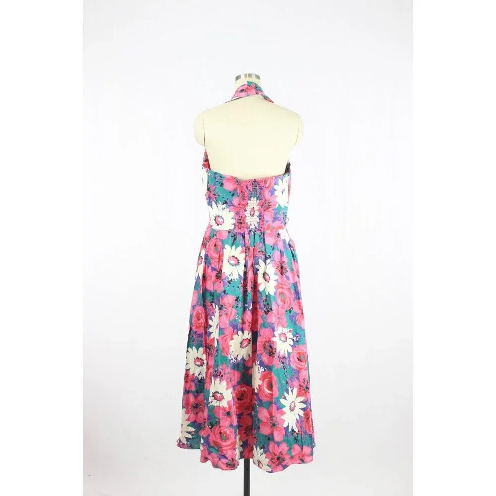 Vintage 80's CANNES Pink Floral Cotton Canvas Halter Midi Circle Dress, Size 14 - Picture 4 of 15